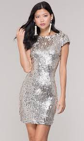 Short Silver Sequin Holiday Party Dress Closure Back Zipper Details Sequins Cap Sleeves Scoop Back Fabric Self Short Silver Dress Silver Party Dress Dresses