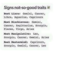 Scorpio (october 23 — november 21): Signs Not So Good Traits Best Liars Gemini Cancer Libra Aquarius Capricorn Most Mischievous Gemini Cancer Sagittarius Scorpio Pisces Virgo Aries Most Manipulative Leo Scorpio Cancer Gemini Aries Best Mastermind Capricorn Scorpio Gemini Cancer