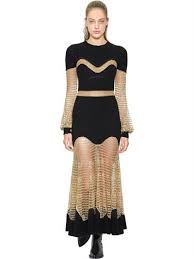 Alexander Mcqueen Metallic Open Knit And Ribbed Wool Blend Midi Dress In Black Modesens