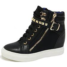 Black And Gold Tennis Shoes Womens Women S Black Gold Rock Studded Strap Buckle Zip High Top Sneakers Lady Ankle Trainers Boots 8 5 Gold High Top Sneakers Black High Top Shoes High Top Sneakers