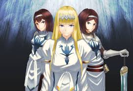 calca bessarez, kelart custodio, remedios custodio, overlord (maruyama),  highres, 3girls, arm armor, armor, blonde hair, blue eyes, breasts, brown  eyes, brown hair, gauntlets, headband, long hair, looking at viewer, medium  breasts, multiple