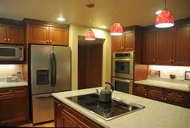 u shape kitchen with red pendant