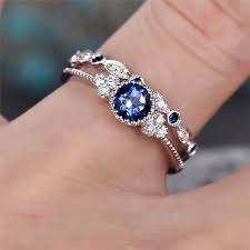 2pcs Set Luxury Green Blue Stone Crystal Ring Blue Wedding Rings Cheap Wedding Rings Women Rings