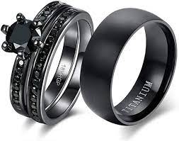 Amazon Com Loversring Couple Ring Bridal Sets His Hers Women 18k Black Gold Plated Cz Men Titanium Wedd Black Wedding Rings Wedding Ring Bands Set Black Rings