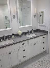 White Bathroom Master Bath Gray Quartz Subway Tile Cup Pulls Restoration Hardware Lights Large Mir Bathrooms Remodel White Master Bathroom White Bathroom