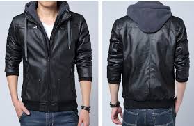 Men S Fashion Fabric Hooded Leather Jacket Mens Black Hooded Leather Jacket With Rib Detail Shell G Cotton Jacket Men Leather Jacket Leather Jacket With Hood