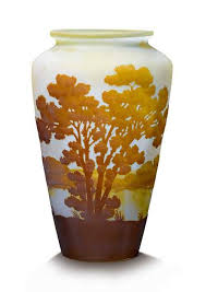 Emile Galle Vase C 1900 Yellow Glass With Brown Overlay Etched With Landscape Decoration Signed Galle H 22 5 Cm Galle Vase Landscape Decor