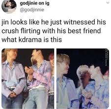 More Likely Seeing Two Flirting With Each Other While Jin Is Single Bts Memes Hilarious Bts Funny Bts Memes