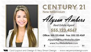 These new logo business cards of century 21 design demonstrate modern and balanced split design, featuring a headshot with our background removal service on top of a soft glowing background. Century 21 Real Estate Business Cards With New C21 Logo Agents 5a Gold And White
