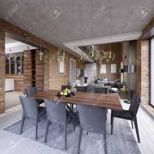 Browse modern dining room designs and interior decorating ideas. Modern Dining Room With Dining Table And Eight Chairs In A Loft Style Stock Photo Picture And Royalty Free Image Image 113849628
