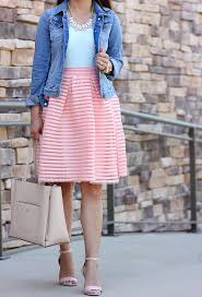 Peach Flare Skirt And Denim Jacket Stylish Petite Flare Skirt Denim Jacket Skirts