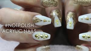 White and gold nails i probably will ask to get these nails the next time i go to get my nails done. How To White And Gold Glitter Coffin Acrylic Nails Nail Art Youtube