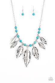 Paparazzi Highland Harvester Blue Stone Bead Silver Hammered Leaf Design Necklace Earring Set Silver Feather Necklace Feather Necklaces Blue Necklace