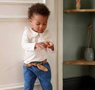 Trousers with Fabric Belt for Babies - blue medium solid with design