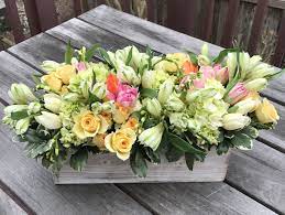 Spring Flower Arrangement In A Rustic Wooden Box Alstroemeria Tulips Spray Roses Flower Arrangements Flower Arrangements Diy Modern Flower Arrangements