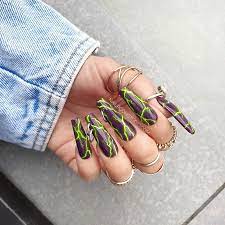 10 Nails Lightning Bolt Yellow Green Purple Press On Nails Etsy Purple Acrylic Nails Lightning Nails Press On Nails