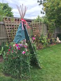 Half Teepee Half Tent Sweet Peas Not Quite Tall Enough But Still Want Kids To Have Outdoor Teepee Experience Kids Play Spaces Gardening For Kids Garden Design