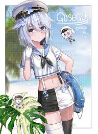 jaeyun, gosegu, waktaverse, highres, 1girl, asymmetrical legwear, black  thighhighs, blue eyes, closed mouth, cowboy shot, crop top, gloves, hair  flaps, hair ornament, hand on own hip, hand up, hat, innertube, jewelry,  looking