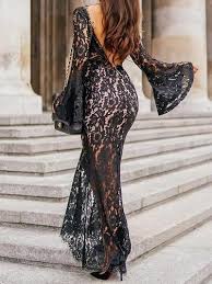 Women Secy Black Lace Backless Long Sleeve Evening Dresses