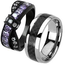 His Hers Black Stainless Steel Created Amethyst Carbon Fiber Inlay Wedding En Titanium Wedding Ring Sets Stainless Steel Wedding Ring Camo Wedding Rings Sets