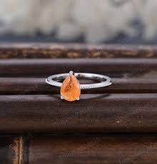 Vintage Pear Shaped Sunstone Engagement Ring White Gold Unique Solitaire  Engagement Ring Simple Gold Beads Bridal Anniversary Gift for Women