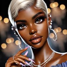 A 4K HDR 300DPI hyper-realistic illustration of a regal, beautiful  Afro-American woman with caramel skin. She has prominent lashes, hazel  eyes, flawless makeup, and shimmering lip gloss. Her hair is styled in
