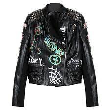 Trendy Style Stand Collar Long Sleeve Faux Leather Print Rivet Embroidery Women S Jacket Leather Look Jackets Trendy Fashion Women Vegan Leather Jacket