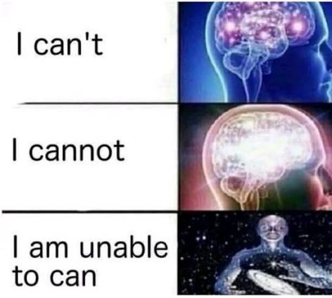 Hey guys. Rick here to explain the meme., So here it shows different ways  to say "I can't", which is followed by I cannot and then the last one says  I'm unable to can, all of them literally have the ...
