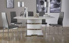 Savoy round white marble and chrome dining table with 4 perth taupe leather chairs. Komoro White High Gloss Dining Table With 6 Leon Grey Chairs Apartment Dining Room Apartment Dining Room Decor White Dining Table