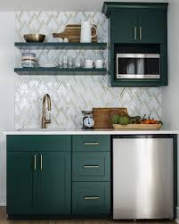 Hunter Green Cabinets Gold And Marble Zig Zag Backsplash Gold Accents Kitchenette Kitc Kitchen Design Small Kitchen Remodel Layout White Kitchen Remodeling
