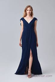 2019 Abiye Elbise Modelleri Lacivert Uzun Dusuk Kol V Yakali Onden Yirtmacli Elbise Modelleri The Dress Elbise