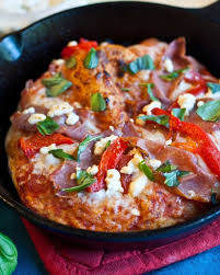 Roasted Red Pepper Prosciutto And Goat Cheese Skillet Pizza Tasty Rice Recipes Prosciutto Skillet Pizza