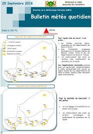 Dernière mise à jour : Page Media Meteo Niger 1 Prevision Meteo Quotidienne Du 25 09 2018 Pour Les Prochaines 24 Heures Il Est Prevu Pour L Apres Midi Du Mardi Il Est Prevu De Faibles Activites Pluvio Orageuses Sur Les