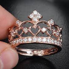 Unique 14k Rose Gold Heart Crown Engagement Ring Diamond Wedding Bands Crown Engagement Ring Wedding Ring Bands