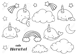 Whether you opt to use this printable narwhal coloring page for kids as part of your alphabet education, arctic animal fun, or family bonding time, i'm confident that you'll love using my. Coloring Pages Black And White Set Cute Hand Drawn Narwhal Royalty Free Cliparts Vectors And Stock Illustration Image 142691100