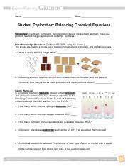 Instructions on balancing chemical equations: Balancing Chemical Equations Name Date Student Exploration Balancing Chemical Equations Vocabulary Coefficient Compound Decomposition Double Course Hero