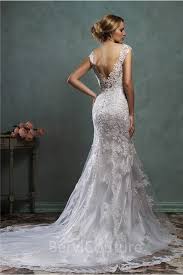 Mermaid V Neck Low Back Cap Sleeve Champagne Satin Lace Wedding Dress With Buttons Summer Wedding Outfits Designer Bridal Gowns Dresses