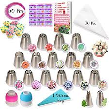Rfaqk 50 Pcs Russian Piping Tips Set 15 Numbered Easy To Use Icing Nozzles 2 Leaf Tips 2 Couplers 30 Icing Bags 1 Pastry Bag Pattern