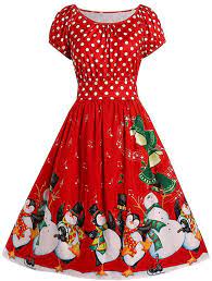 Fashion Women Vintage Plus Size Penguin Dot Print Christmas O-neck Party Dress Red Red Christmas Dress Fashion Plus Size Outfits