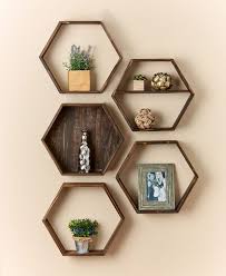 Rustic Wood Hexagon Floating Shelves In 2021 Wood Hexagon Hexagon Shelves Decor