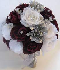 Your source for beautiful inexpensive artificial wedding bouquets online. Wedding Silk Flower Bouquet 17 Pc Bridal Package Burgundy Silver Gray Bouquets Flower Bouquet Wedding Bridal Bouquet Diy Wedding Flowers