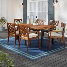 Willow Glen Farmhouse 7 Piece Teak Wood Outdoor Patio Dining Set With Beige Cushion In 2020 Patio Dining Set Outdoor Dining Furniture Patio Dining Furniture