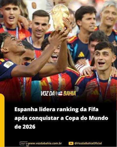 A Espanha &eacute; a nova l&iacute;der do ranking da Fifa. Ap&oacute;s vencer a Argentina por 1 a 0 na prorroga&ccedil;&atilde;o da final da Copa do Mundo de 2026, disputada no MetLife Stadium,