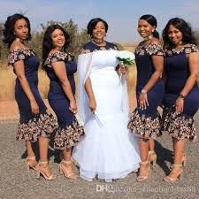 Charming Tea Length Navy African Bridesmaid Robes Dresses Off Shoulder African Bridesmaid Dresses African Traditional Wedding Dress African Print Wedding Dress