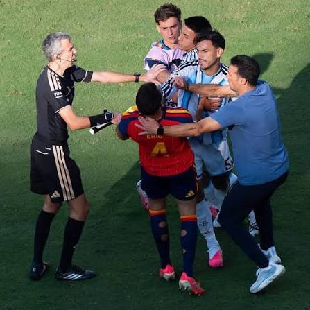 Serious Chaos Erupts After The Final Whistle As A Fight Breaks Out Following  Spain's 1-0 Victory Over Argentina In The FIFA World Cup Final. Argentine  Players Was Seen Fighting With Some Spanish