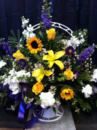 Yellow Blue And White Funeral Basket Botas De Trabajo Girasoles