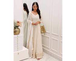Milky White Designer Indian Anarkali Gown In Beautiful Chikan Kari Work  With Organza Dupatta Set For Wedding, Party And Casual Wear |  centenariocat.upeu.edu.pe