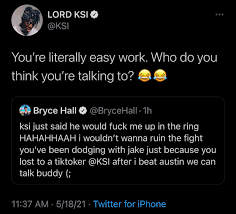 Bryce hall and ksi have been going at it for some time now. Def Noodles On Twitter Clap Back Bryce Hall Responds To Ksi Saying He Would Beat Up Bryce By Saying I Wouldn T Wanna Ruin The Fight You Ve Been Dodging With Jake Just Because