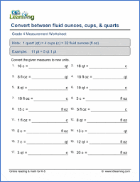 This conversion from quarts to ounces is particularly important for bakers and culinary students in using liquid ingredients. Grade 4 Math Worksheets Convert Volumes Ounces Cups Quarts K5 Learning