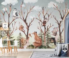 Forest Family Botanical Wallpaper Forest Animals Wallpaper Tree Wallpaper Soft Forest Wall Mural Watercolor Woodland Tree Wallpaper Forest Wall Mural Botanical Wallpaper